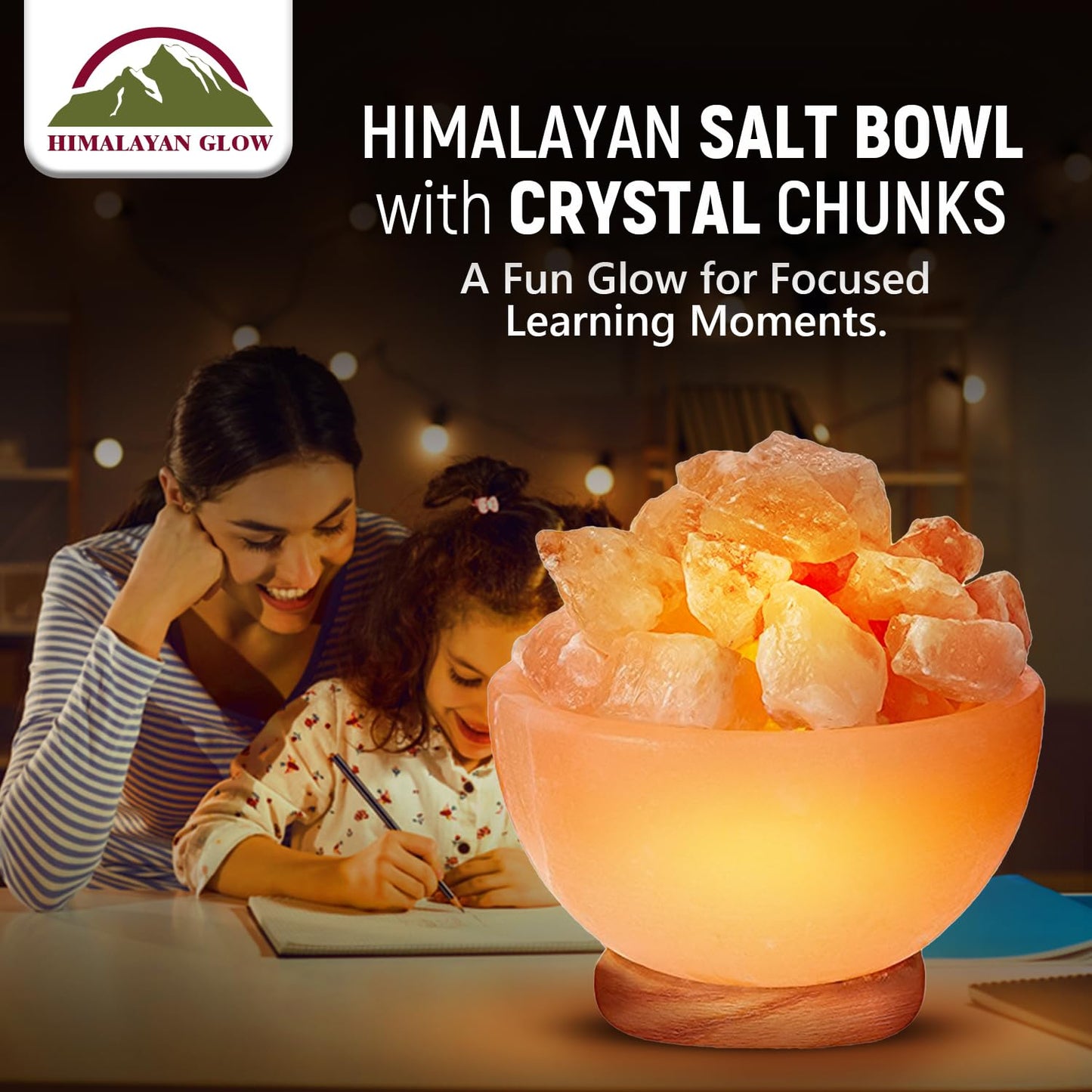 Himalayan Glow Natural Salt Crystal Massage Bowl Lamp with Touch Dimmer Switch and Wooden Base - Soothing Mood Light and Night Glow