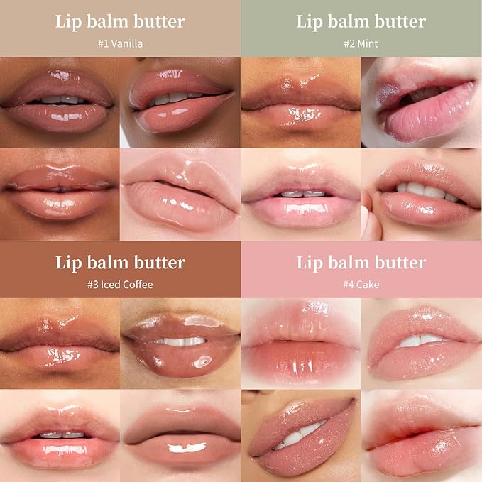 Lip Butter Balm 4PCS - Tinted Lip Balm Hydrating - Smooth Lip Moisturizer Gift Set - Nourishing Lip Gloss for Girls Lip Makeup - Lip Oil for Women Lip Treatment - with Vanilla,Mint,Coffee,Cake
