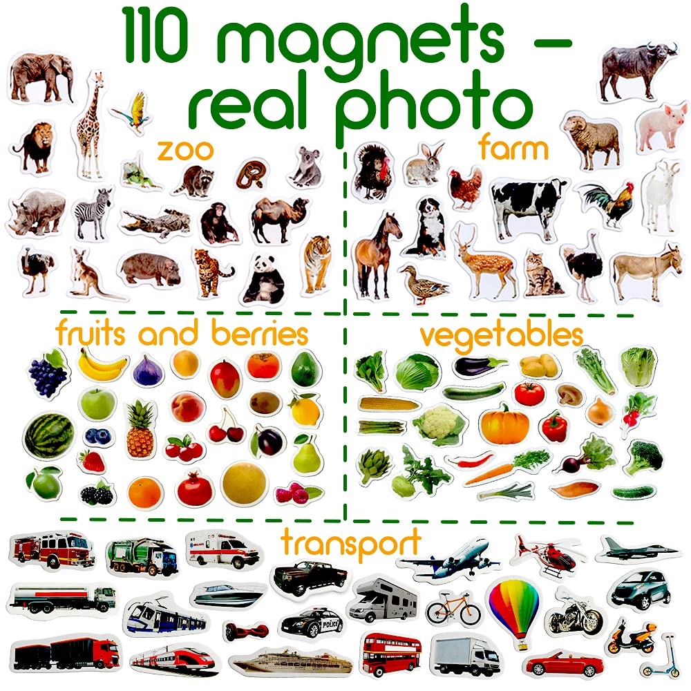 Fridge Magnets for Toddlers - Magdum - 110 Set Zoo+Farm+Fruit+Vegetable+Transport - Real Magnetic Animals for Refrigerator - Realistic Magnets for Kids - Learning Toy Set - Baby Educational Gift