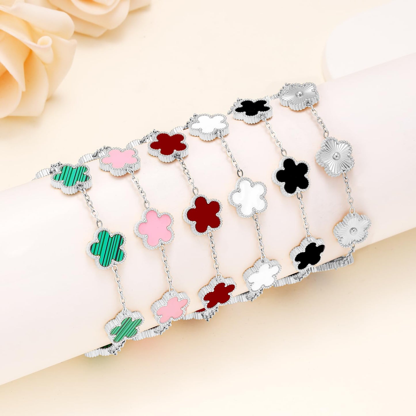 18K Gold Plated Womens Stackable Floral Bracelets Set,Twisted Cable Bangle,Trendy Jewelry,Waterproof adjustable bracelet,Christmas Birthday Gifts for Girlfriend or Mother. (10- 6Pcs Silver Floral A)