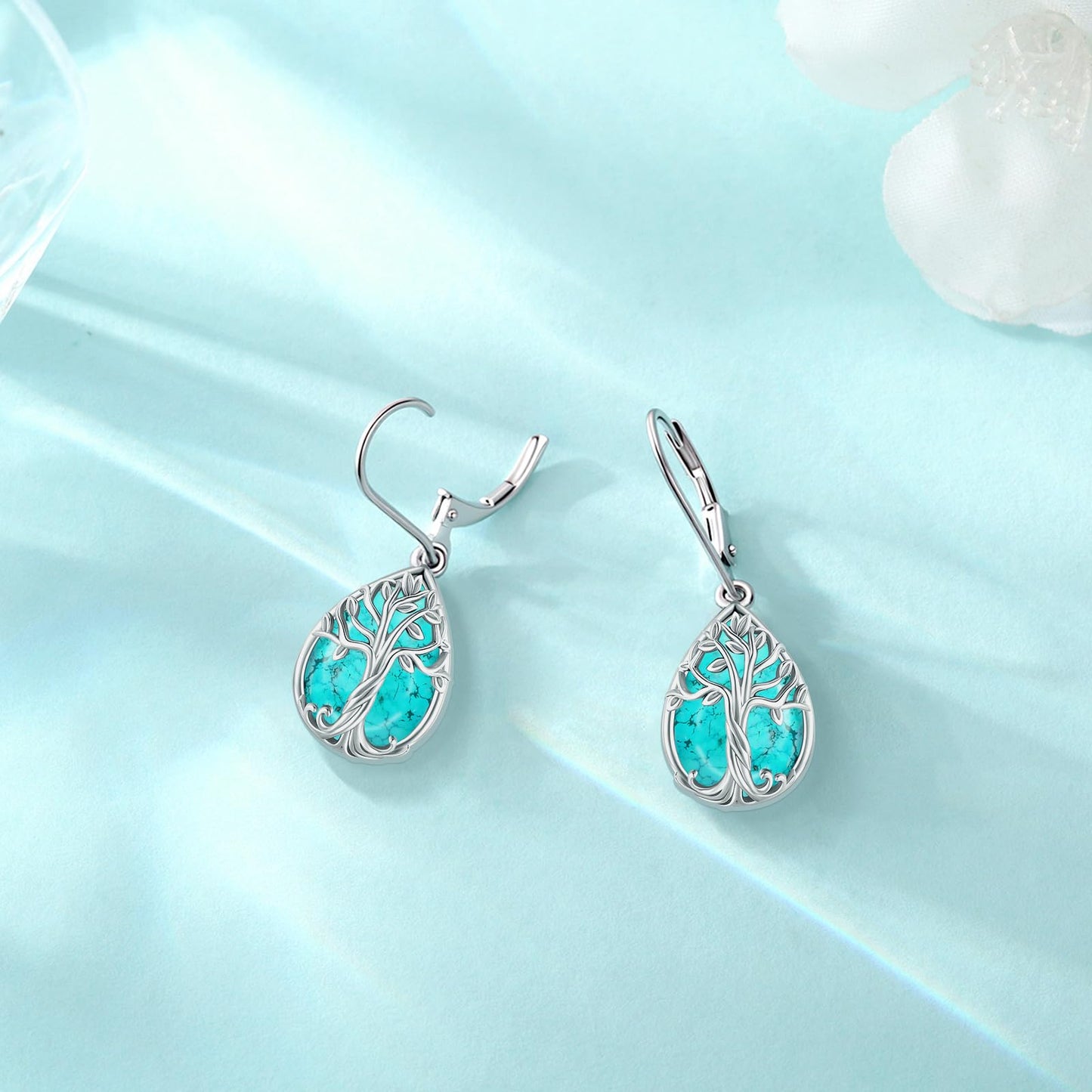 Eusense Tree of Life Earrings Sterling Silver Dangle Leverback Turquoise Earrings for Women Teardrop Drop Sterling Silver Tree of Life Jewelry Gift