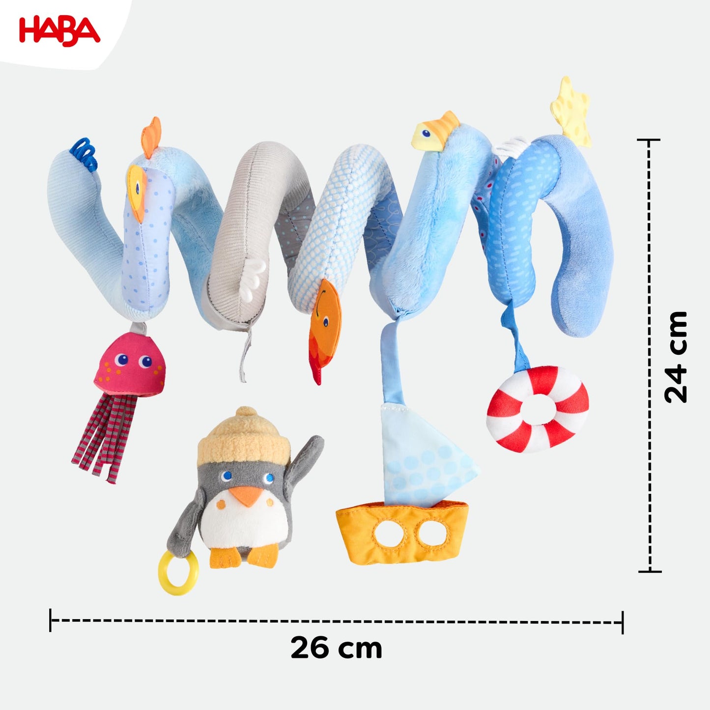 HABA Penguin Activity Spiral Car Seat Toy & Stroller Toy for Babies 0-18 Months, Soft Plush Baby Travel Gear with Crinkle, Rattle & Detachable Penguin