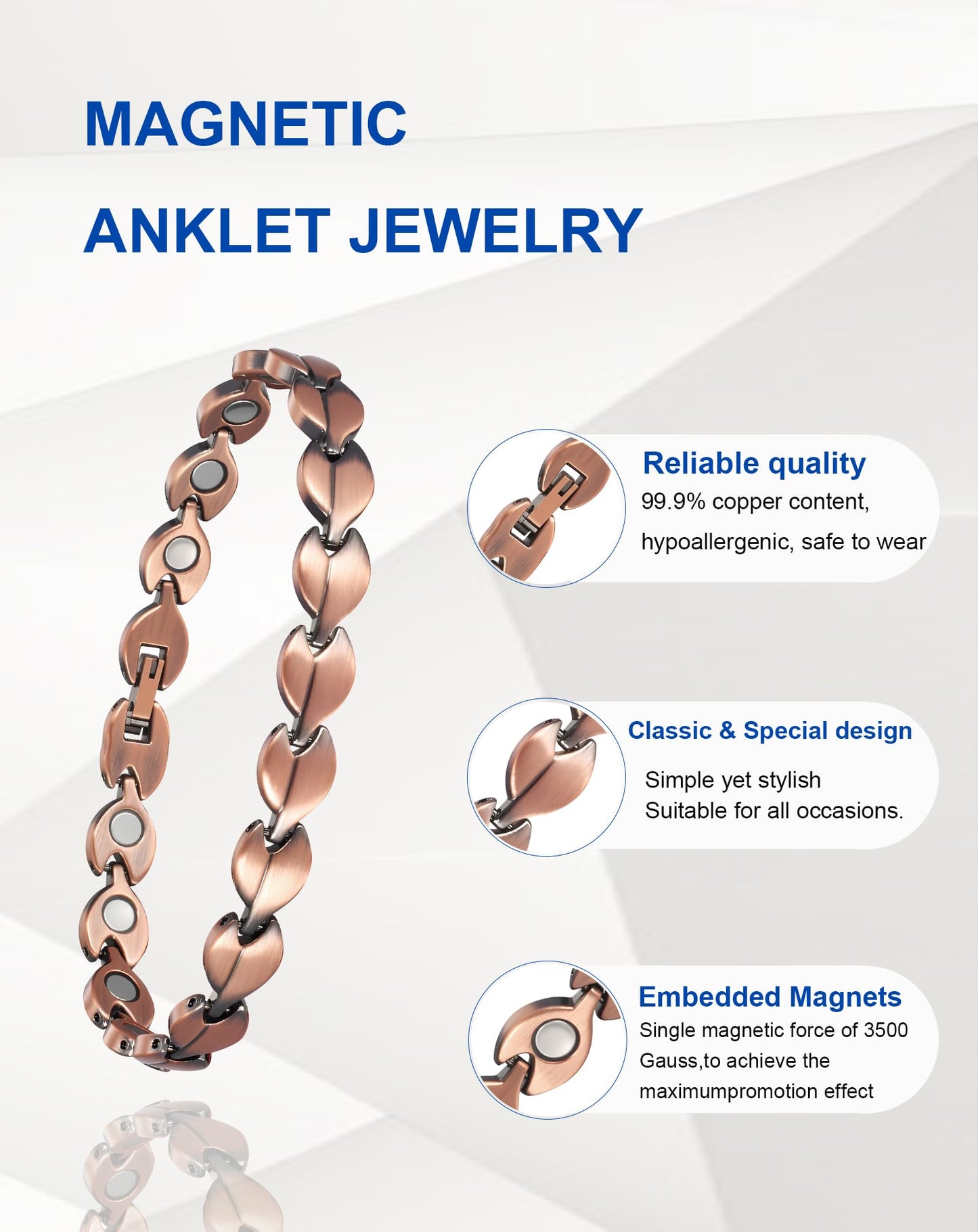 MagSølv Copper Magnetic Anklet for Women, 99% Pure Copper Ankle Bracelet with 3500 Gauss and Adjustable Link Buckle