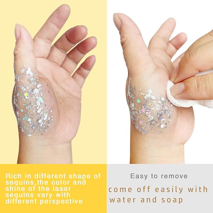 MEICOLY Silver Body Glitter,Chunky Silver Face Hair Mardi Gras Glitter,Halloween Silver Glitter Makeup,Sparkle Face Paint for Women and Kids,Music Festival Party Outfits for Women Accessories