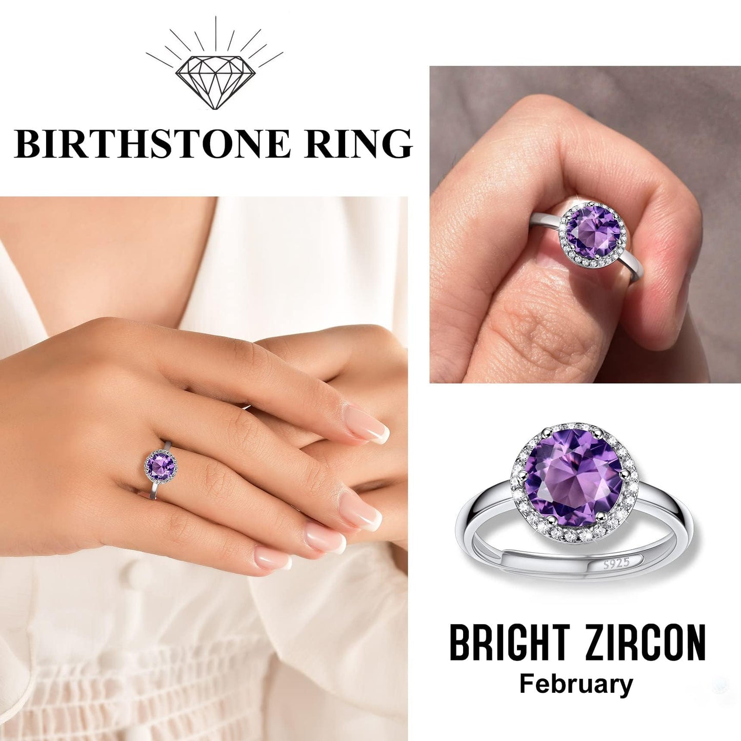 Bestyle Flattering June Alexandrite Round Crystal Rings Cubic Zirconia Rings for Women Dainty 925 Sterling Silver Hypoallergenic Adjustable Rings Size #6-#12
