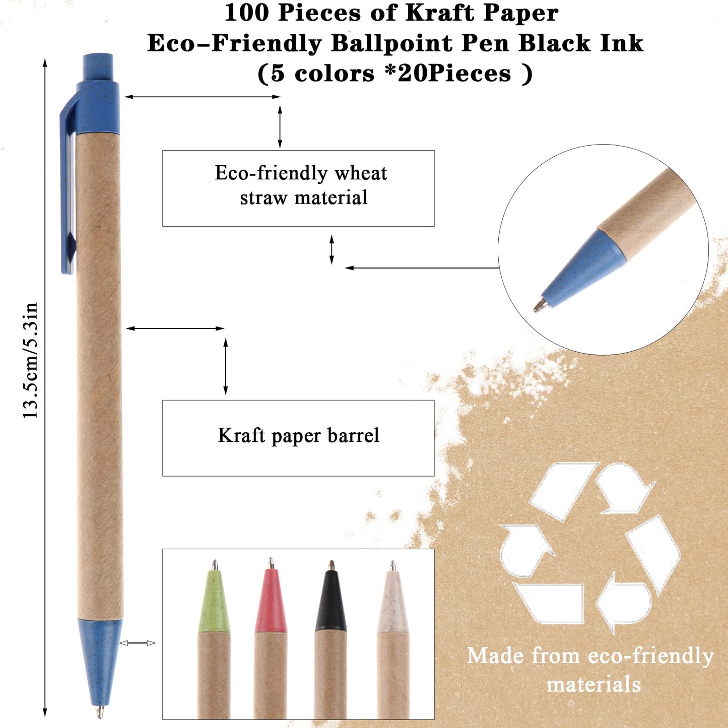 PIAOPIAONIU 100 Pcs Eco Friendly Pens Recycled Writing Ballpoint Pens Medium Point (1mm) Retractable Rollerball Pens Black Ink Click Pens for Notebook Office School Supplies