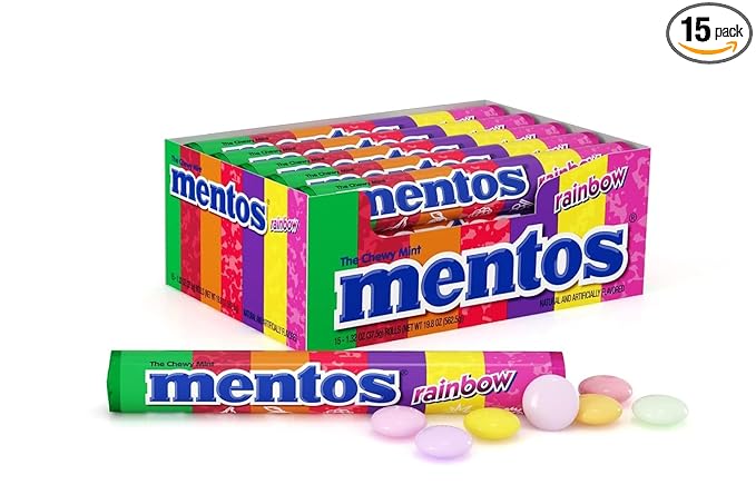 Mentos Chewy Mint Candy Roll, Rainbow, Non Melting, Party, 14 Pieces (Bulk Pack of 15)