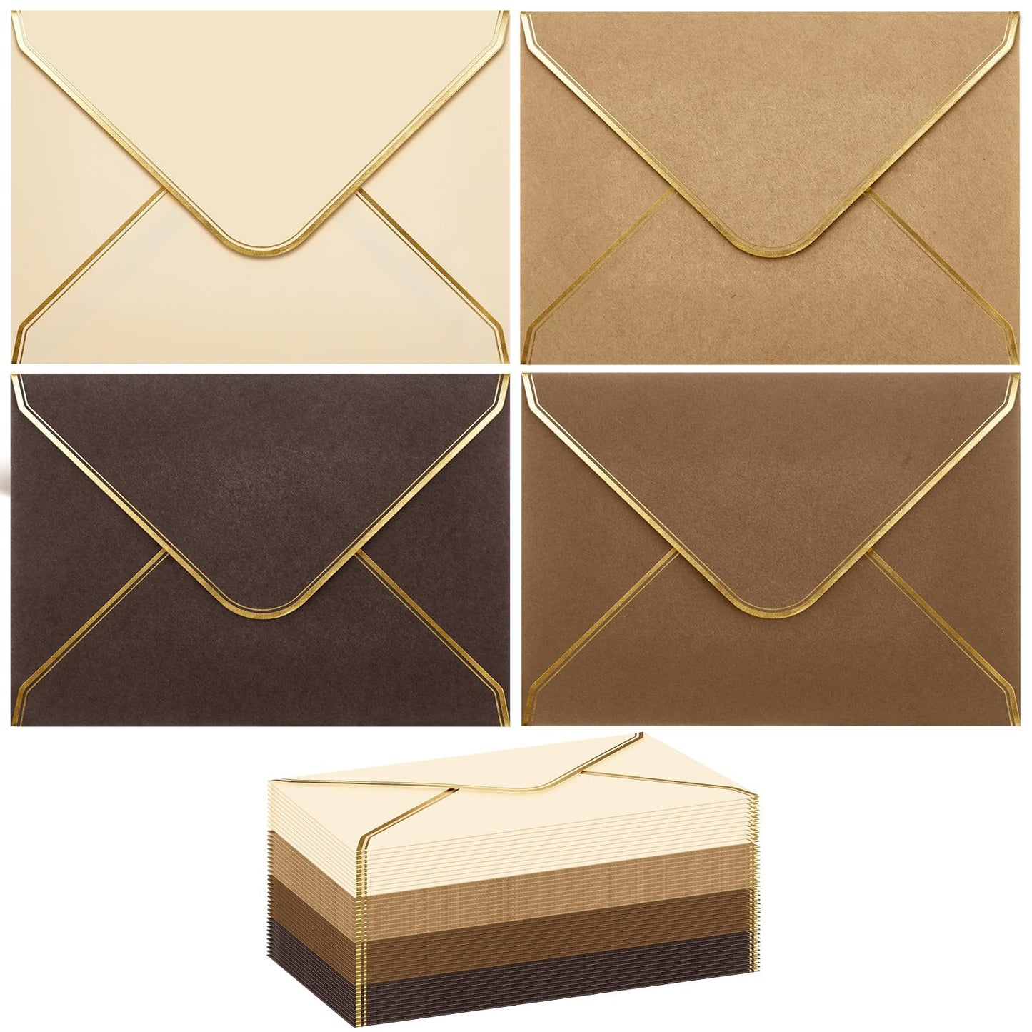 Cholemy Brown 4 x 6 Envelopes 50 Pack A6 Card Envelopes with Gold Border, 180 Gsm Self Adhesive V Flap Invitation Envelope for Wedding Bridal Shower Birthday Greeting Graduation Mailing Funeral