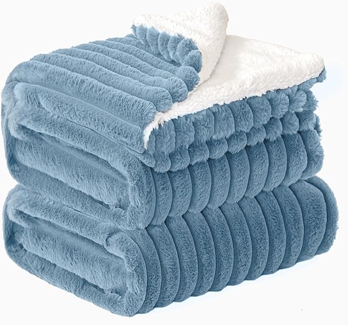 INFIIXSO Sherpa Fleece Queen Size Blanket - Super Soft & Warm Striped Fleece, Cozy Plush Fluffy Large Bed Blanket All Season Use (Light Blue, 90x90 Inches)