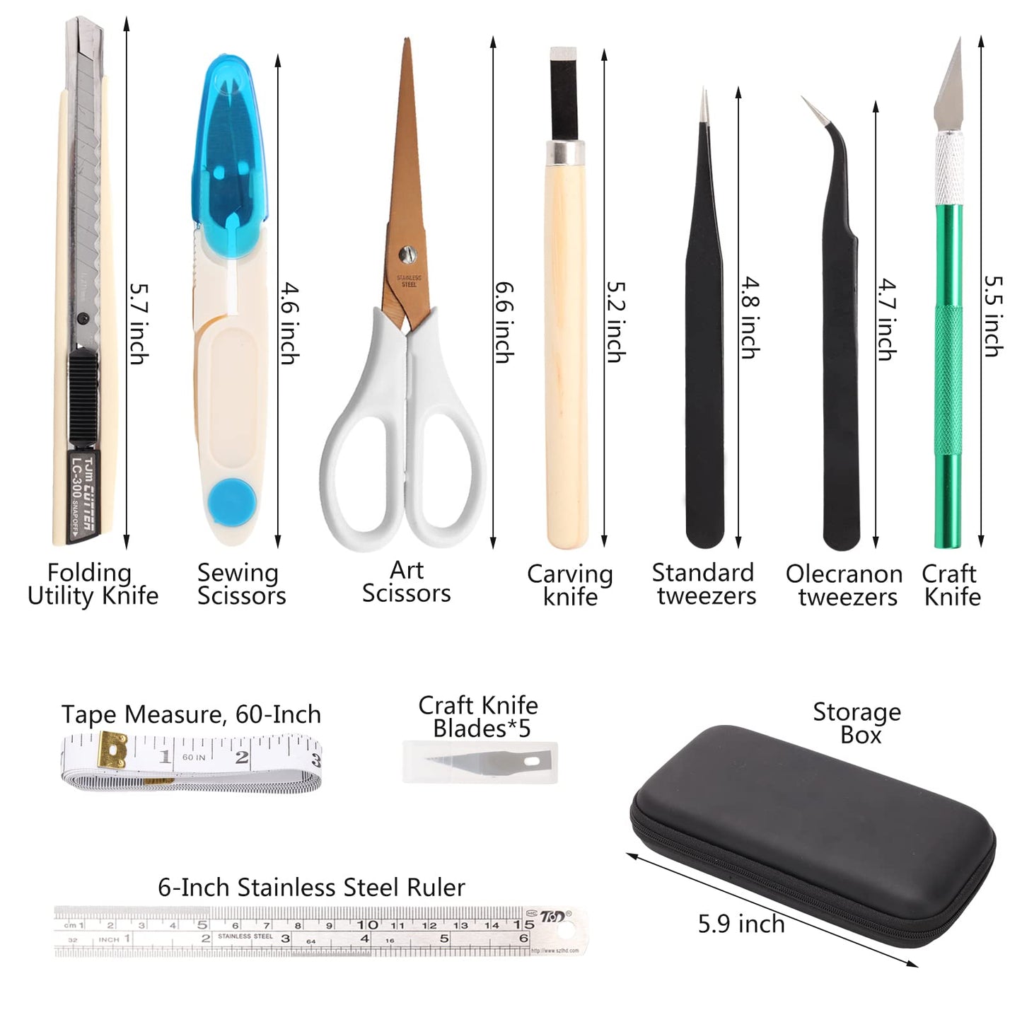 MILUSONG 9-in-1 Portable Tools Set Includes Scissors, Utility Knife, Craft Knife, Ruler, Tape Measure, Sewing Scissors, Tweezers DIY Tool Kit for The Household, Office