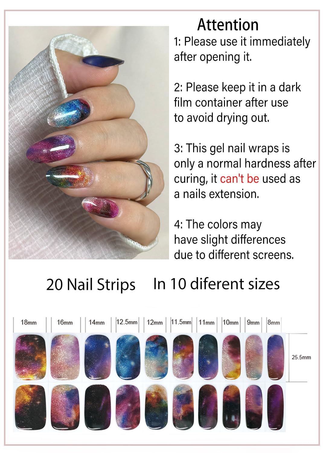 Semi Cured Gel Nail Strips, Interstellar 20pcs Adhesive UV Sticker, Wraps for Home Manicure DIY