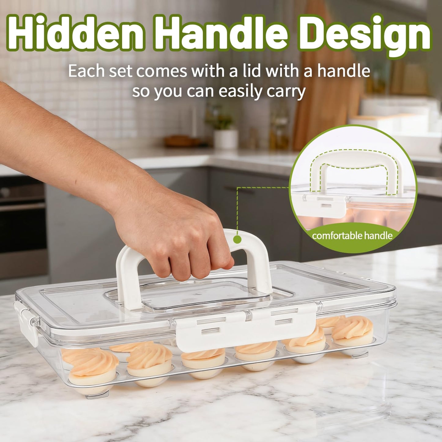 RoskDeewat Deviled Egg Containers with Lid, 2 Pack Thick Clear Plastic Deviled Carrier with Handle Storage 48 Eggs, Stackable Egg Holder Portable Tray Platter for Fridge, Travel, Party-White