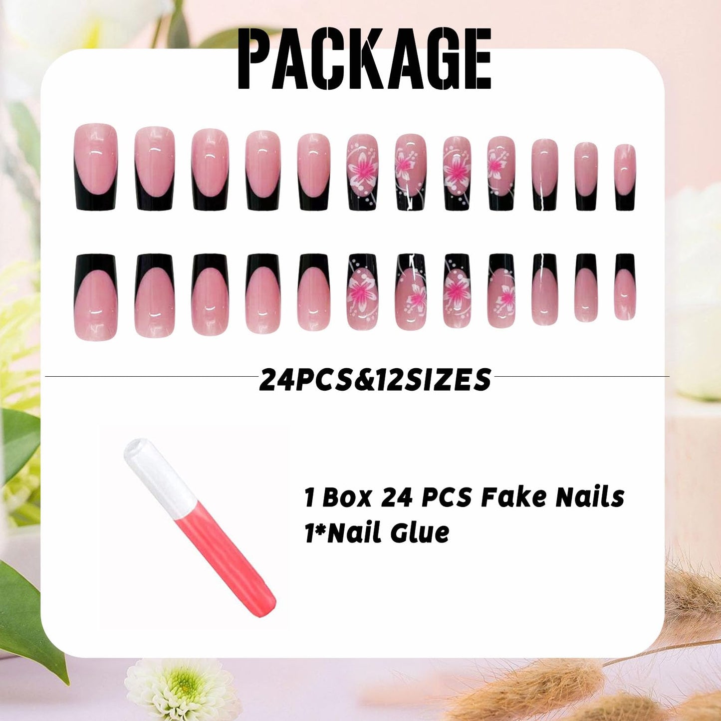 IMSOHOT Medium Press on Nails Square Black French Tips Fake Nails Artificial Full Cover Pink Flower False Nails Reusable Gel Nail Kit Glossy Glue on Nails for Women Girls 24Pcs, Purple
