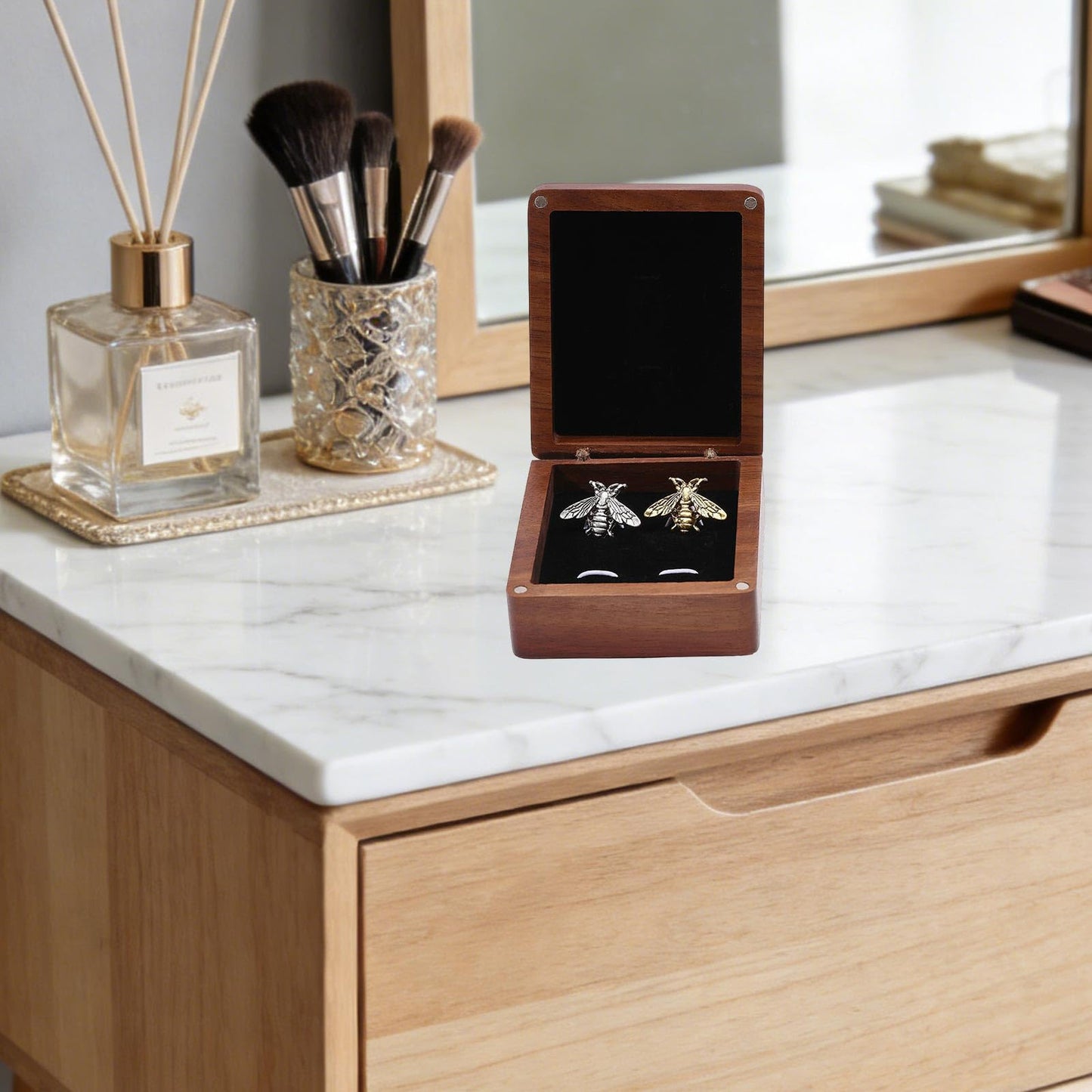 CONCHLERY Wooden Cufflink Tie Clip Box Rectangle Wood Cufflink Gift Box Coconut Brown Jewelry Display Box for Engagement Birthday Anniversary 3.54x2.95inch, Black Inside