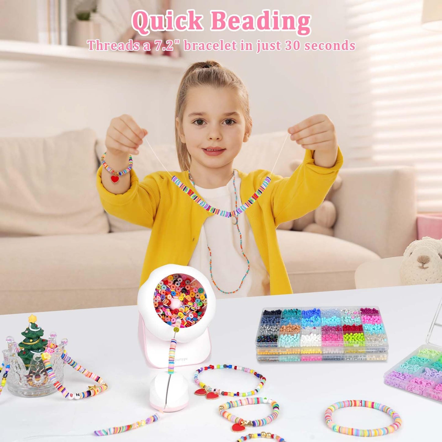 Myartype Clay Bead Spinner and Seed Bead Spinner, 2-in-1 Electric Bead Spinner for Jewelry Making, Bracelet Spinner and Necklace Making Machine with Bead Needles and Thread (Pink)