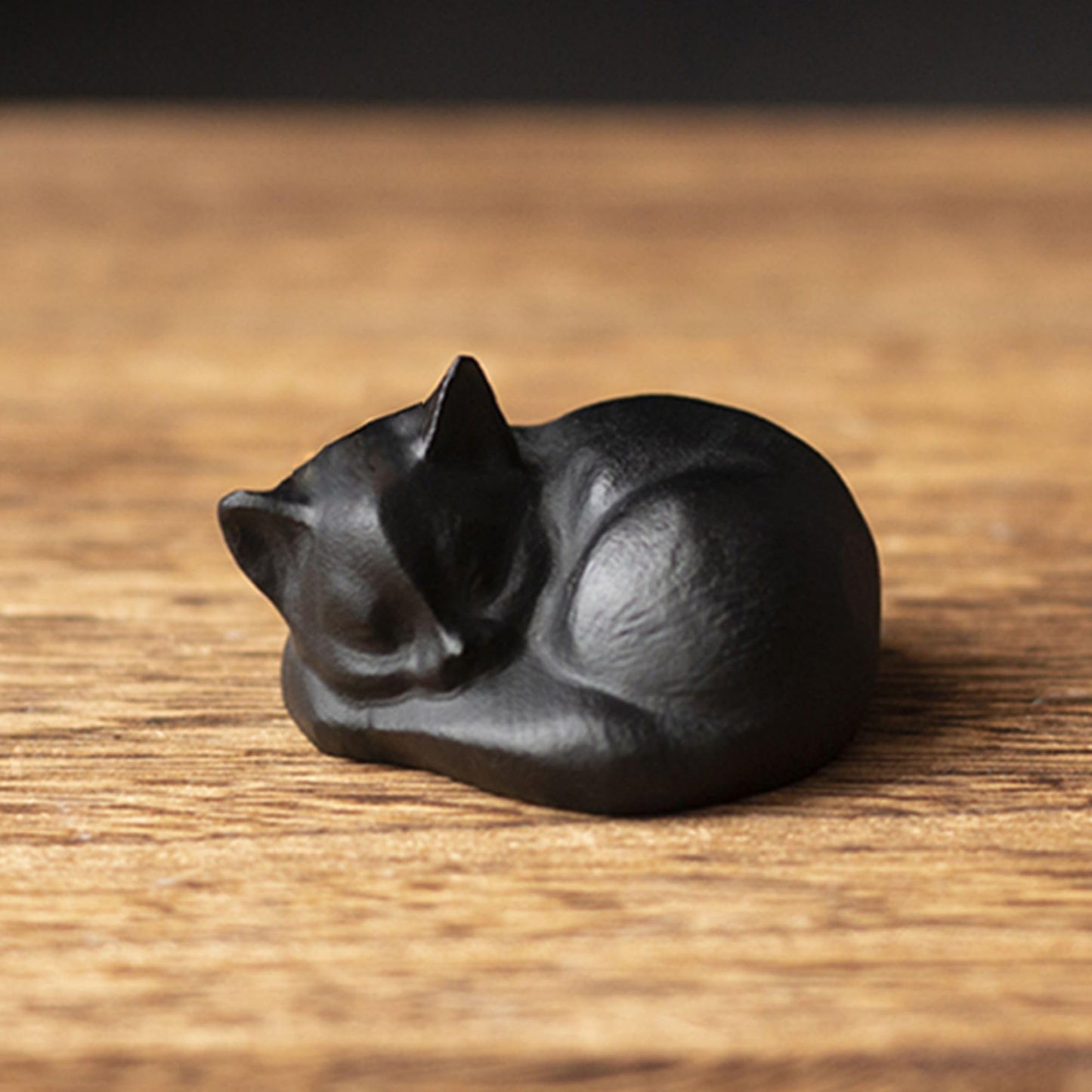 OwMell Tiny Sleeping Cat Statue Hand-Carved Healing Stone Gemstone Little Kitten Statue Figurine 2" - Black Obsidian Small