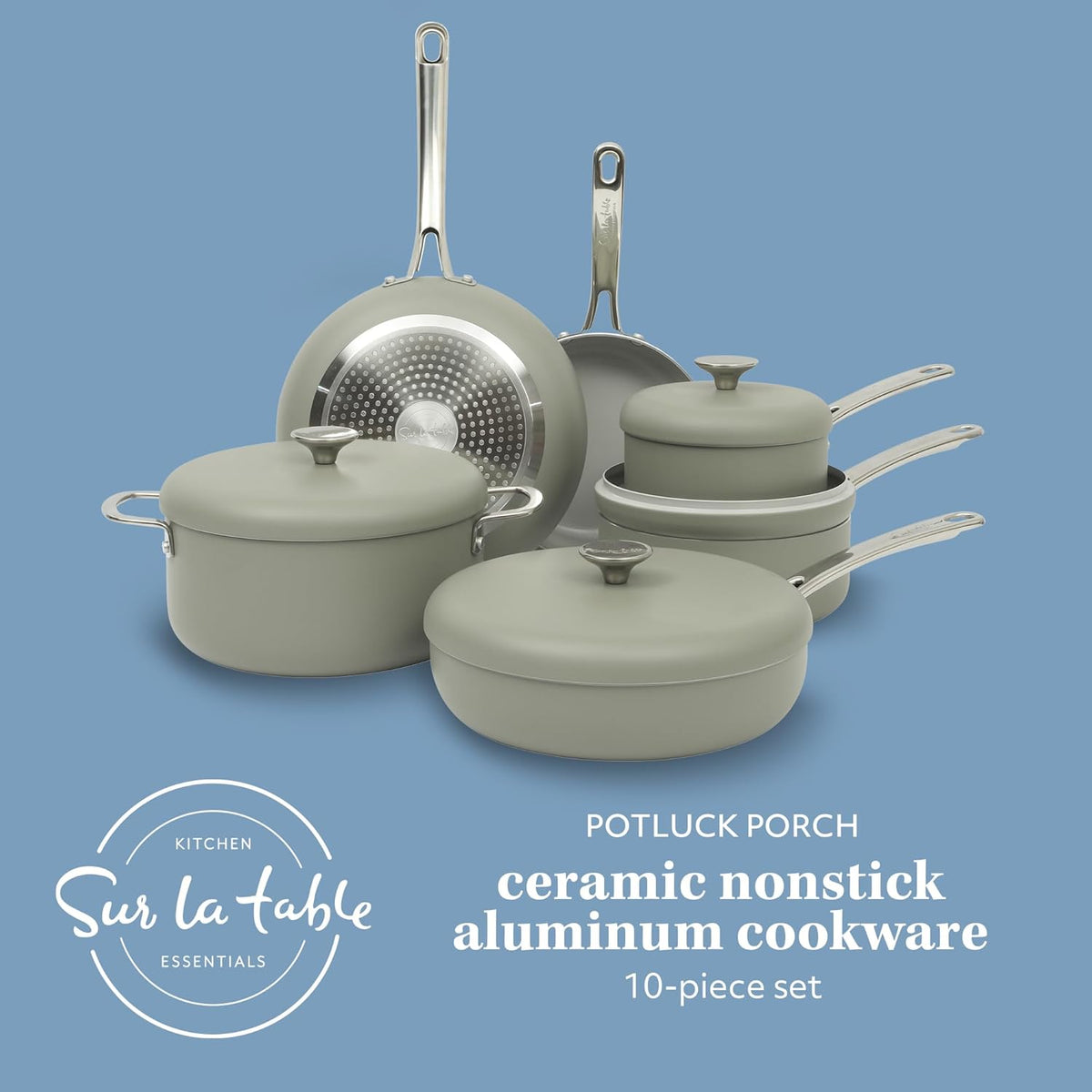 Sur La Table Kitchen Essentials Potluck Porch 10 Piece PFA Free Ceramic Non stick Interior Forged Aluminum Cookware Pots and Pans Set W/Aluminum Lids - Green - Induction Compatible