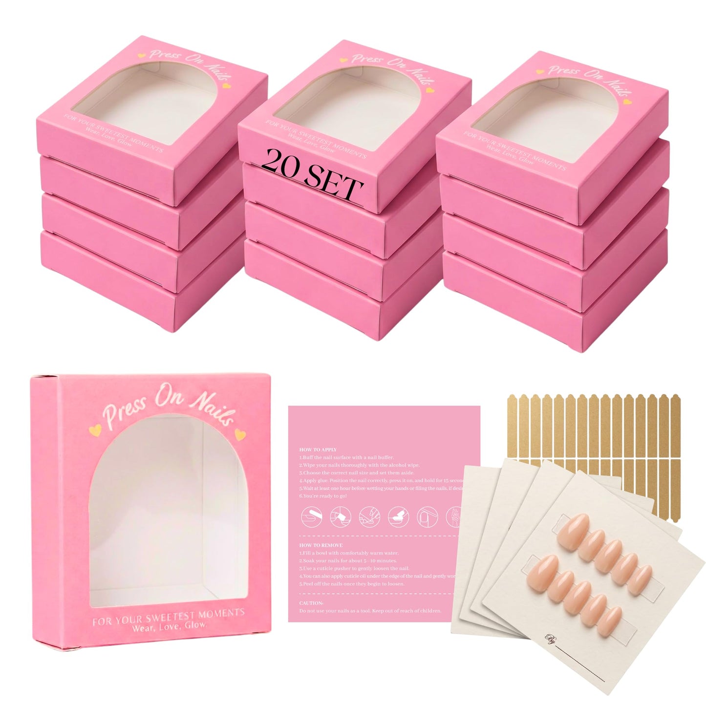Press On Nails Packaging Boxes Bulk 20 Pack for Nail Tech & Small Business Vendor with 20 Instructions & Signature Cards 30 Adhensive Double Sided Tape 3.5"x3.2" PVC Window