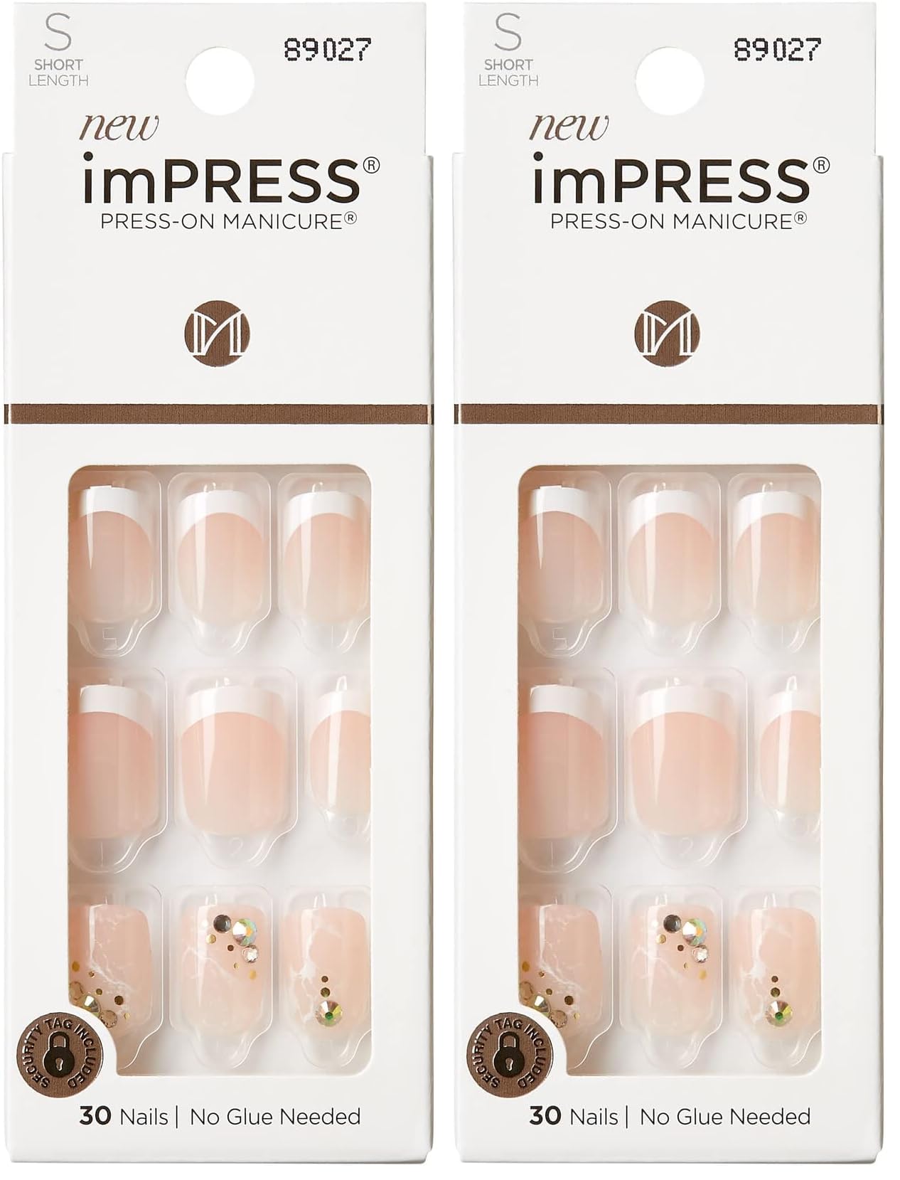 KISS imPRESS No Glue Mani Press On Nails, Design, 'My Worth', White, Short Size, Squoval Shape, Includes 30 Nails, Prep Pad, Instructions Sheet, 1 Manicure Stick, 1 Mini File (Pack of 2)