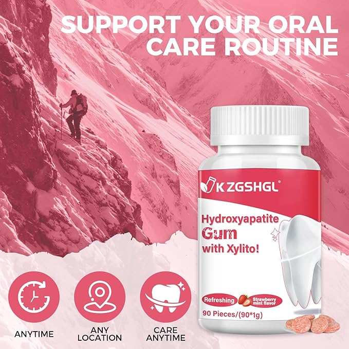 Hydroxyapatite Gum, 90 Pieces, Good for Teeth Remineralization, Sugar-Free Strawberry Chewing Gum with Xylitol, Two pills after meals to freshen breath and clean teeth