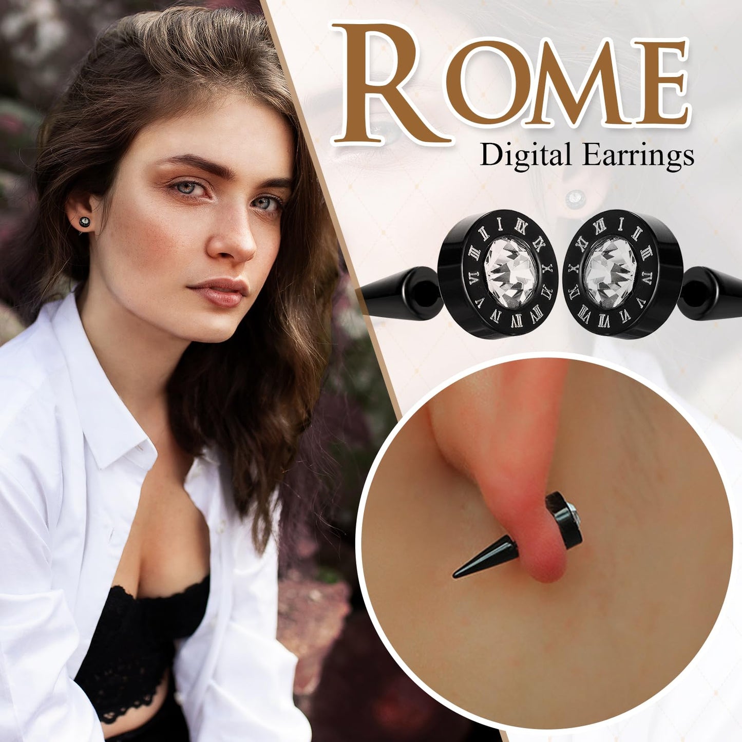 Aroncent Mens Stud Spiked Earrings: Stainless Steel Round Roman Numerals White Gold 9mm Hypoallergenic Black Cubic Zirconia Stud Earrings for Men Women