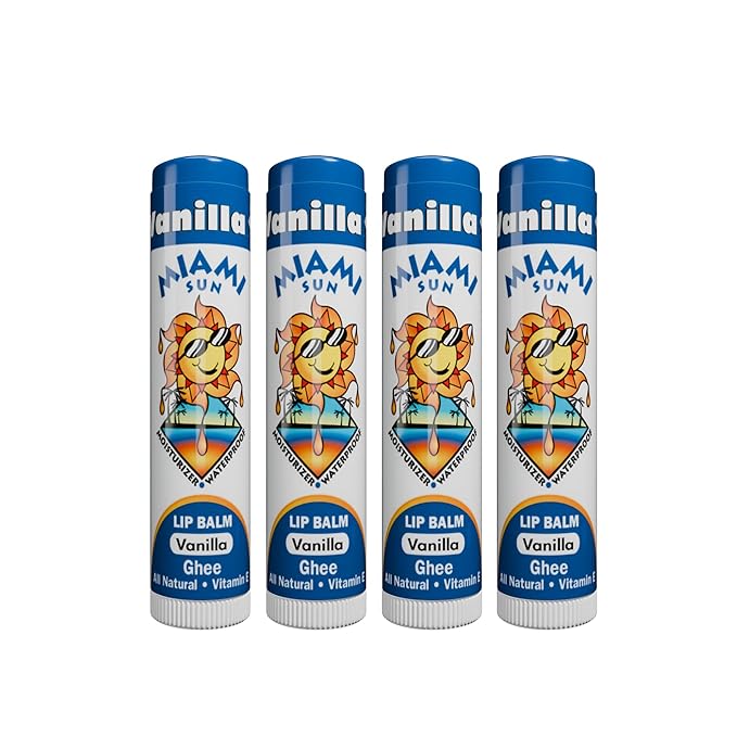 Miami Sun Natural Ghee Lip Balm, Hydrating Lip Treatment with Shea Butter & Beeswax, Organic & Non-Toxic, Best for Dry, Chapped Lips - Moisturizing, Healing, Chemical-Free Lip Care (4 Count, Vanilla)