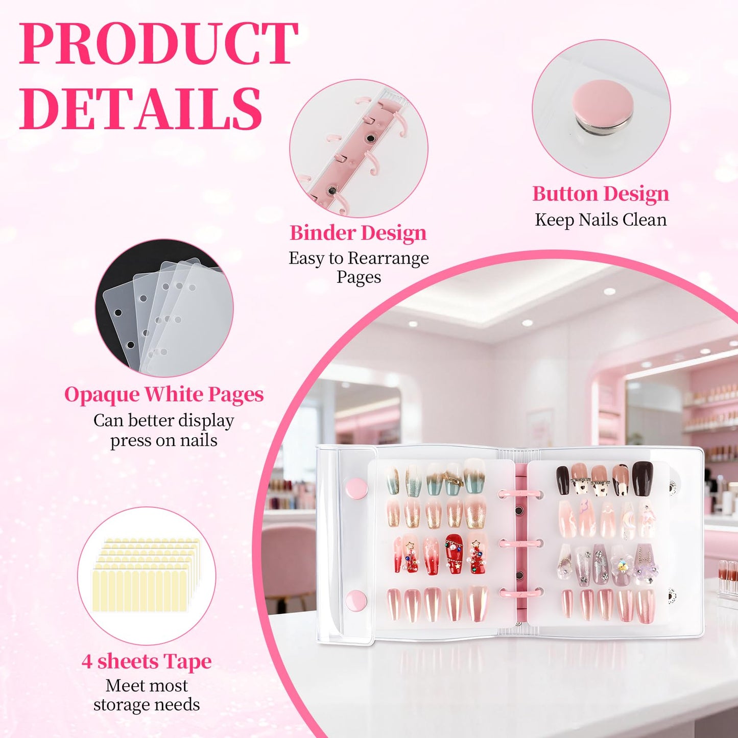 ASTONFOG Press On Nail Organizer, 2Pcs Press On Nail Binder Book with 12 Insert Pages-A8 Sized & Double Sized Tape, Fake Nails Swatch Display Collecting Storage Book(Pink+White)