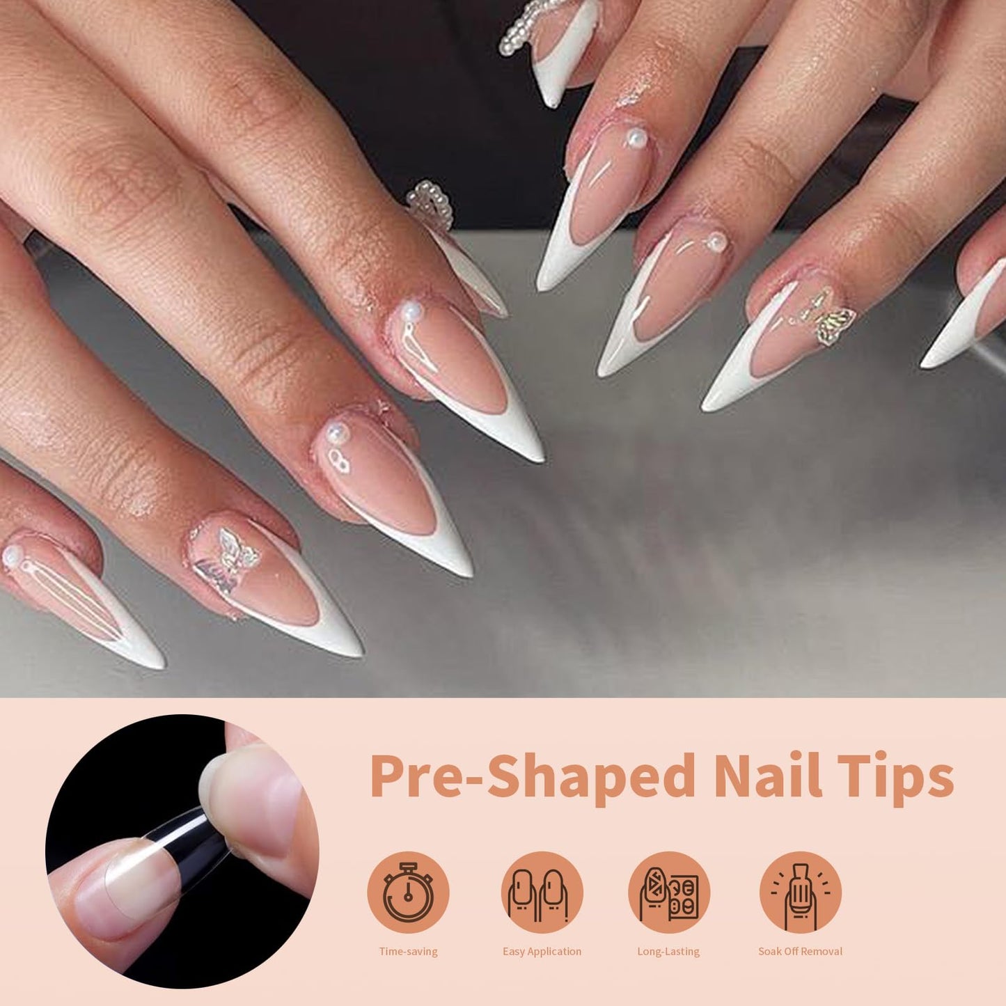 Cycullinyt 500pcs Sculpted XXLong Stiletto Soft Gel Nail Tips, Professional False Nail Tips with Box - 10 Sizes Full Cover Clear Acrylic Press On Fake Nails for Extension Manicure Salon DIY at Home