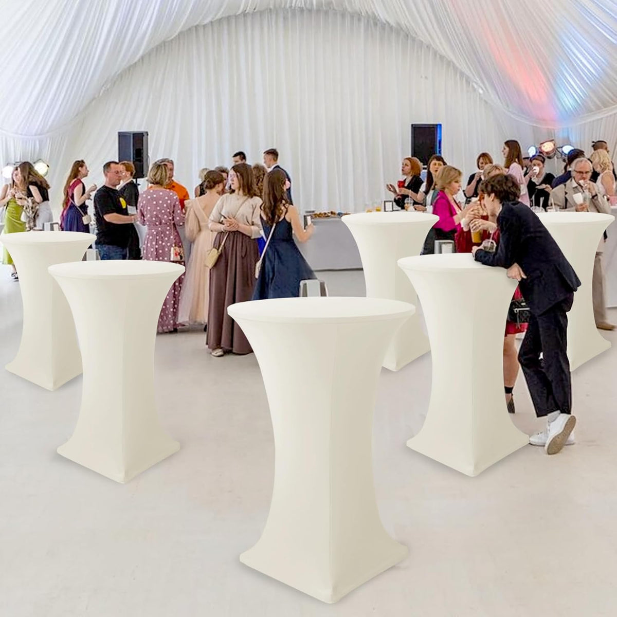 Cocktail Table Covers-Spandex Round High Top Table Cloths 6 Pack 32x43 Inch-Cream Stretch Fitted Bar Tall Tablecloth for Pub Bistro Highboy Party Event Banquet Height Folding Satnding Tables