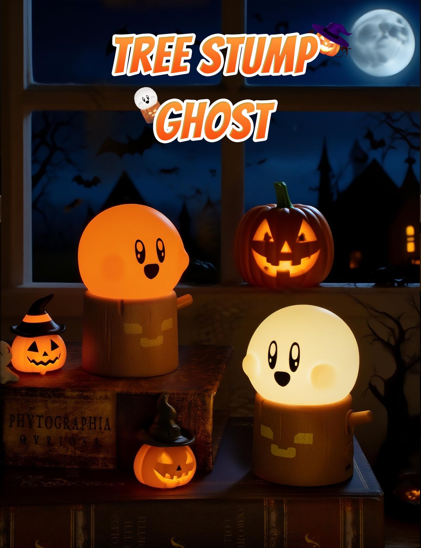 BANDIANCY Ghost Stumps Lamp, Cute Ghost LED Night Light, Halloween Party Decorations Indoor, Halloween Centerpieces Decorations for Table, Shelf, Fireplace