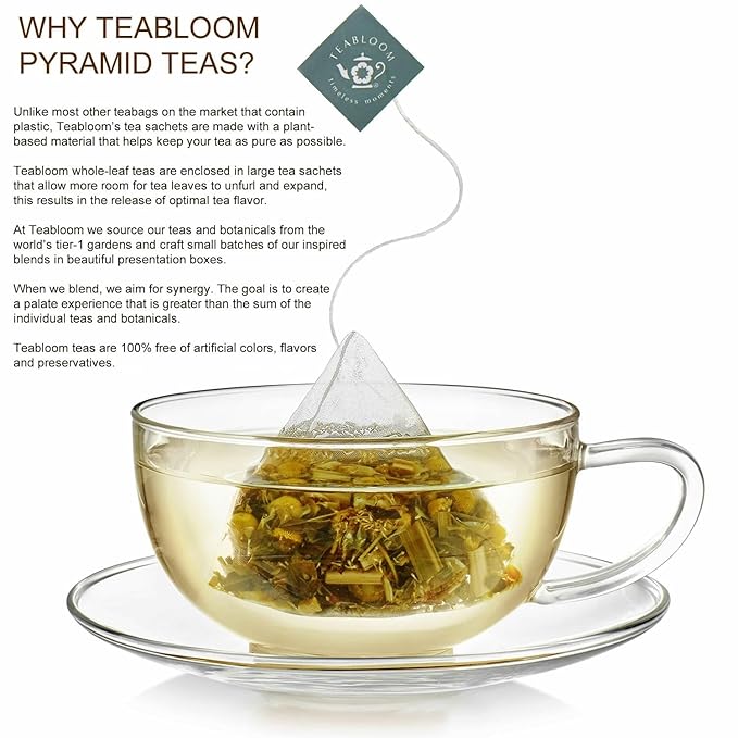 Teabloom Lemon Mint Chamomile Pyramid Tea Presentation Box, 12 Herbal Tea Blends, Whole-Leaf Pyramid Tea Sachets