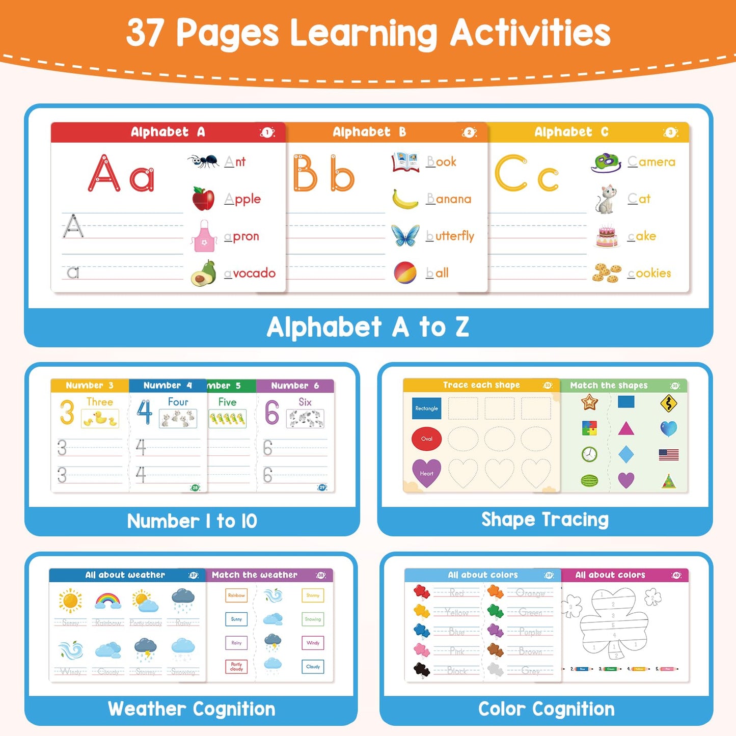 Preschool Learning Activities Educational Workbook, Learn to Write Alphabet Practice Book, Tracing Letter Number Colors Shapes Autism Learning Materials, Great for Kindergarten Preschool Classroom.