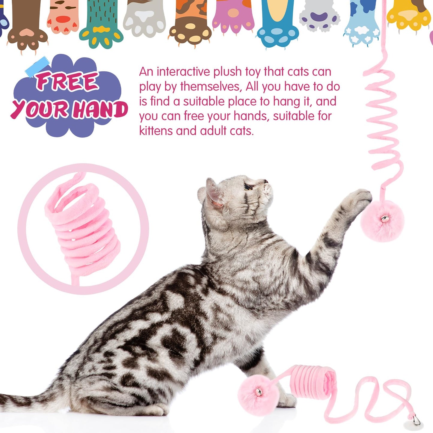 Gemscream 46 Pcs Cat Toys Set Interactive Cute Cat Toys Include Fur Mice Rattle Springs Crinkle Balls Pompom Bell Sisal Ball Puzzle Chase Toys for Kitten Indoor Stuff Gift(Pink)