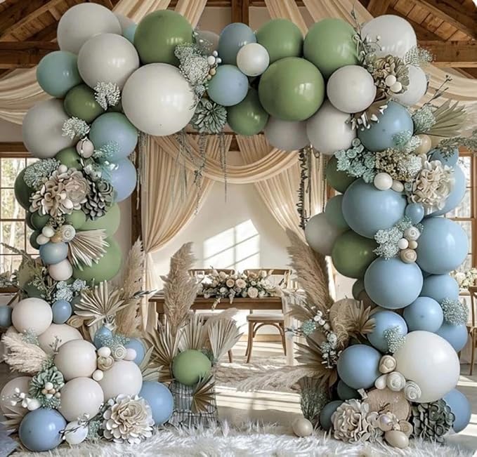 Dusty Blue & Avocado Green Balloon Garland Kit, Double Stuffed – Pastel Blue, Avocado Green & Off-White Latex Balloons for Jungle, Safari & Neutral Birthday