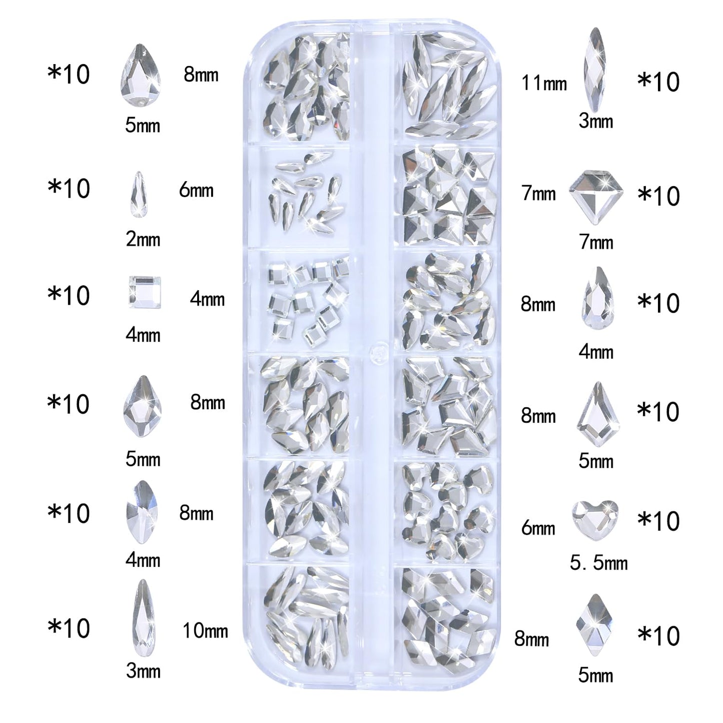 Nail Rhinestones - 3D Multi Shape Size, Flat Back, Manicure Rhinestones Charms, Crystals White Gems, with Kit, for Nail Art, Bedazzling Acrylic Nails, DIY Decor