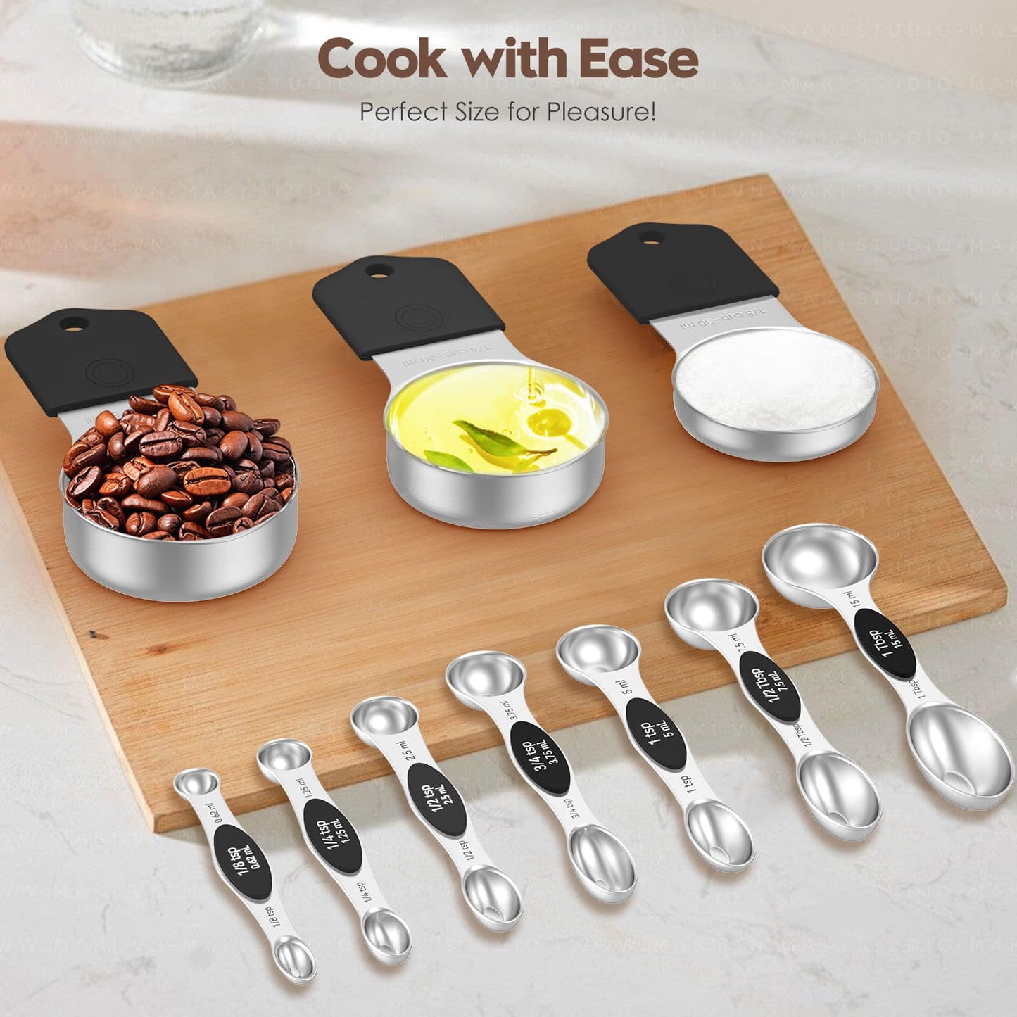 Magnetic Measuring Cups and Spoons Set - 304 Stainless Steel | Dual-sided Design | Set of 15 with Leveler | Strong N52 Magnetic Nesting Design | for Dry & Liquid Ingredients (Black)