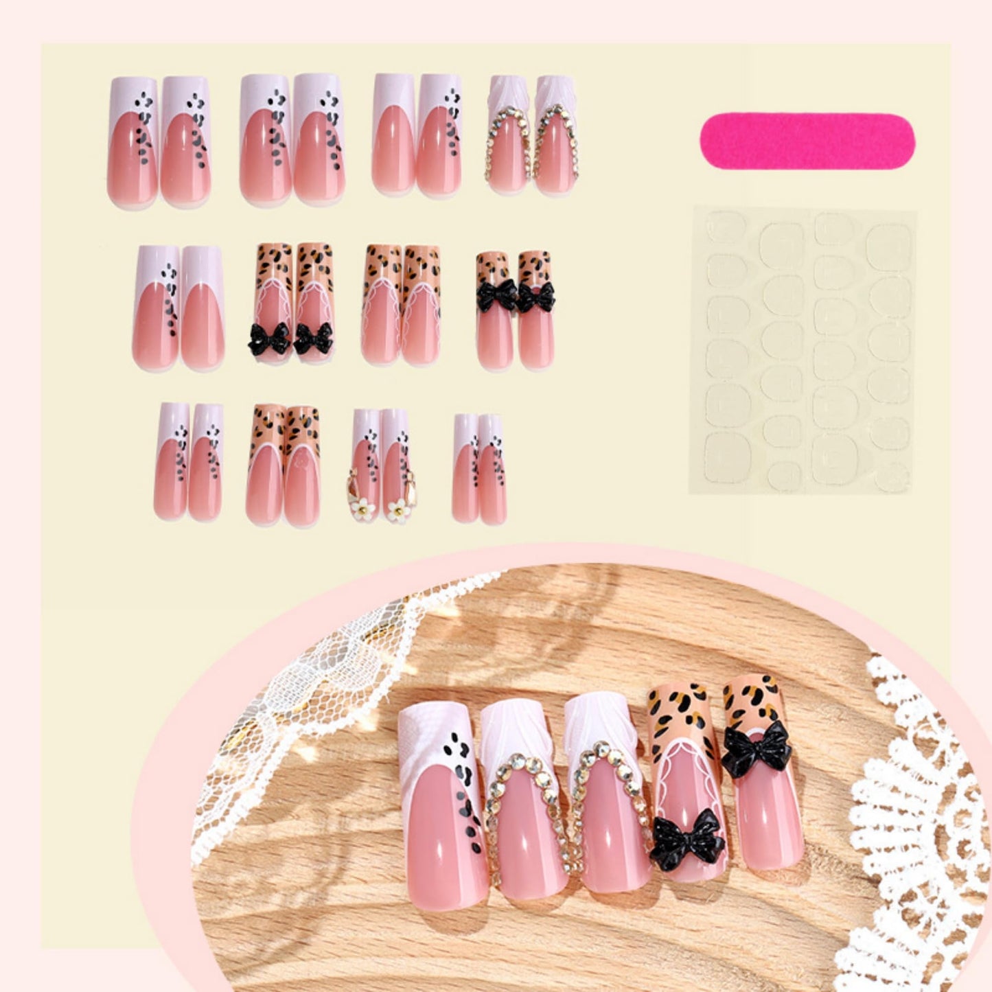 SEENEEY Long Press on Nails Square Fake Nails Brown Artificial Nail Leopard and Black Bow Designs Cute Stick on Nail for Women 24pcs