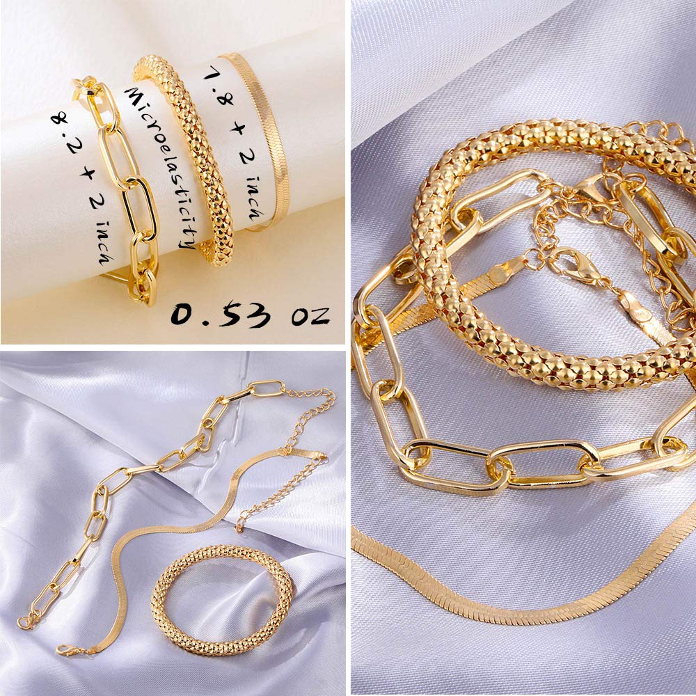 IFKM 6 PACK (24 PCS) Boho Gold Chain Bracelets Set for Women, 14K Gold Plated Multiple Layered Stackable Open Cuff Wrap Adjustable Link Italian Cuban Jewelry Gift