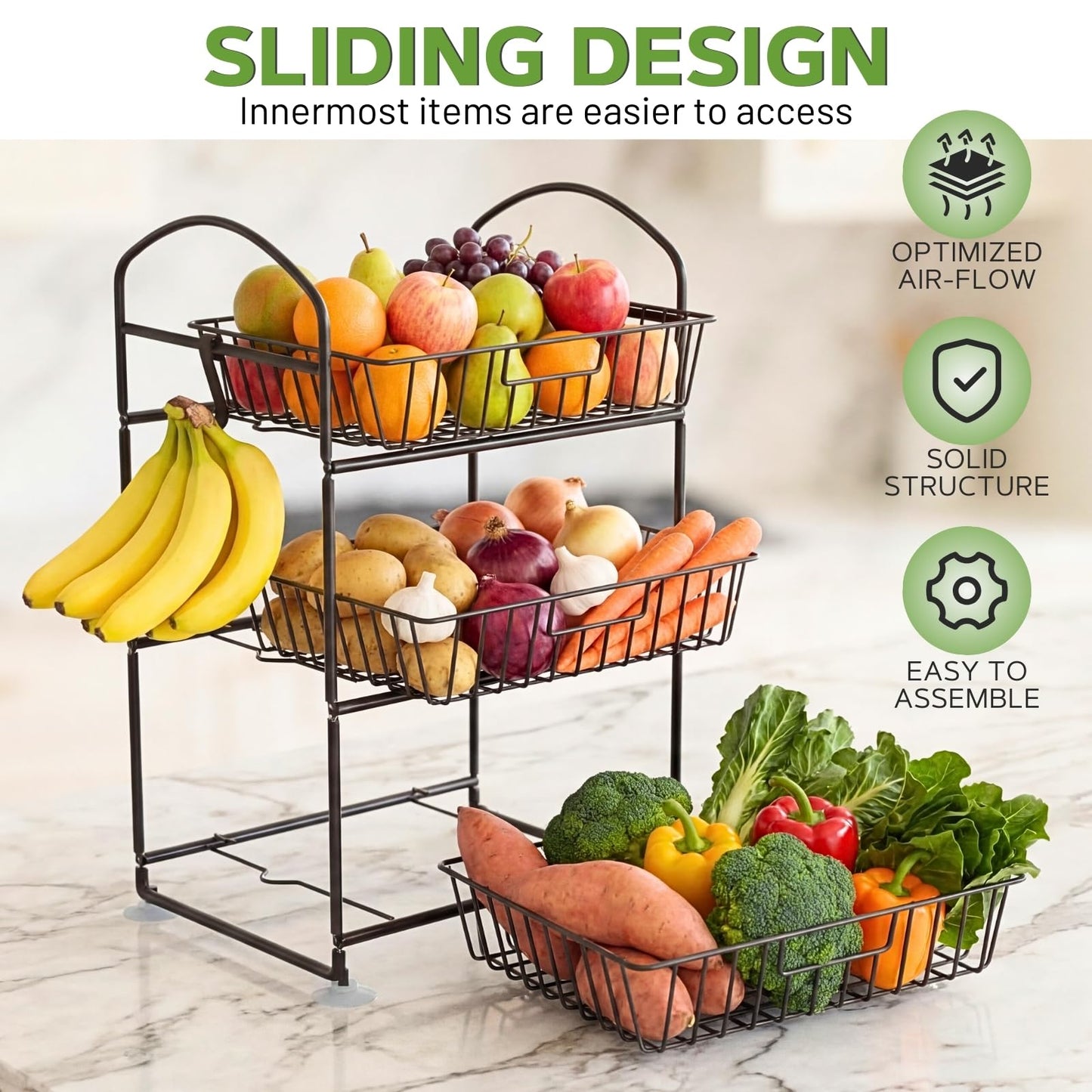 Ofiray-home 3 Tier Fruit Basket with 2 Banana Hangers, Detachable Countertop Fruit Vegetable Basket Organizer for Kitchen Counter, Metal Mesh Fruit Bowl for Potato Onion Bread Snack Veggie