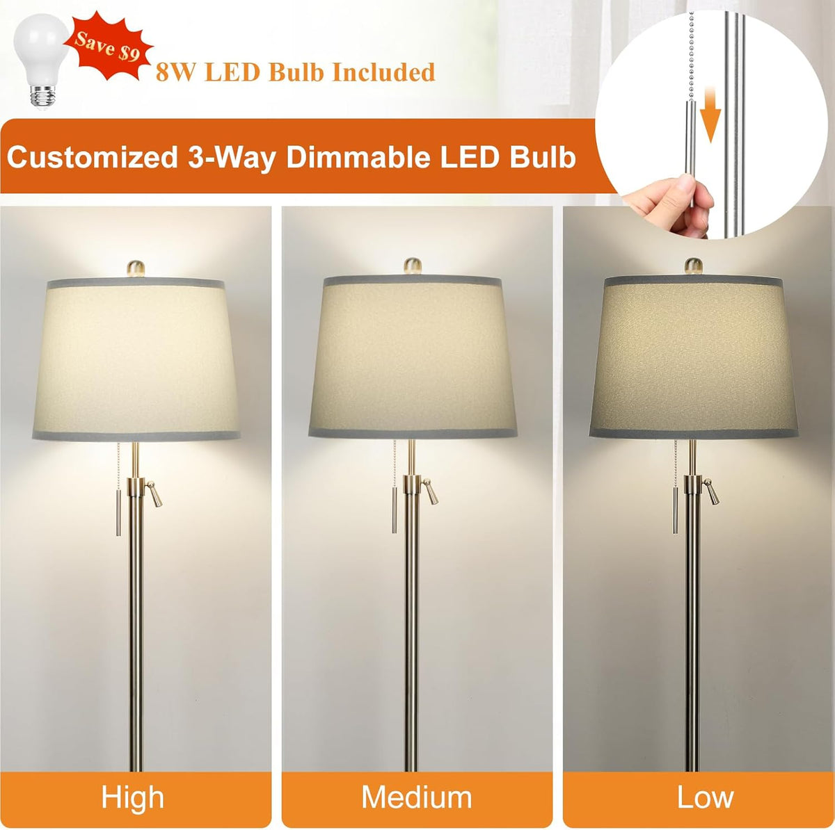 Floor Lamp for Living Room,Adjustable Height Standing Lamp,Dimmable Modern Floor Lamps for Bedroom Office Tall Floor Lights with Pull Chain Bulb Included-Silver Gray Shade