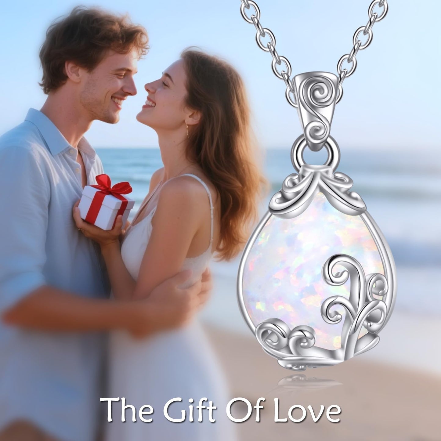 POPLYKE Sterling Silver Opal Filigree Teardrop Necklace Filigree Pendant Jewelry Gifts for Women