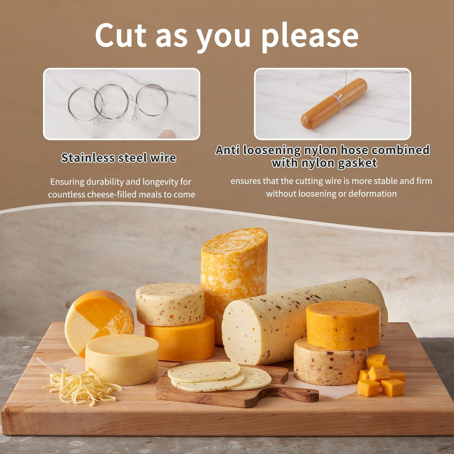 Xinglinsaiter Stainless Steel Cheese Slicer Wire 32"Long-For Soft and Hard Cheese (2 Beech wood handles + 3 Cutting Replacement Wires 32")