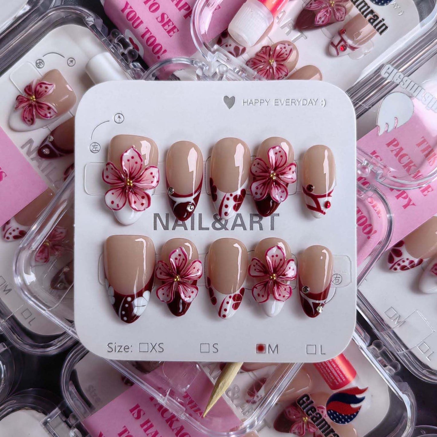 Gleamrain Luxury Professional Manicurist Handmade Nails Press Ons Almond Shape Short Press on Nails with French Tip and 3d Flower Design Nude Base Spring and Daily Use for Women 10pcs Pattern 25