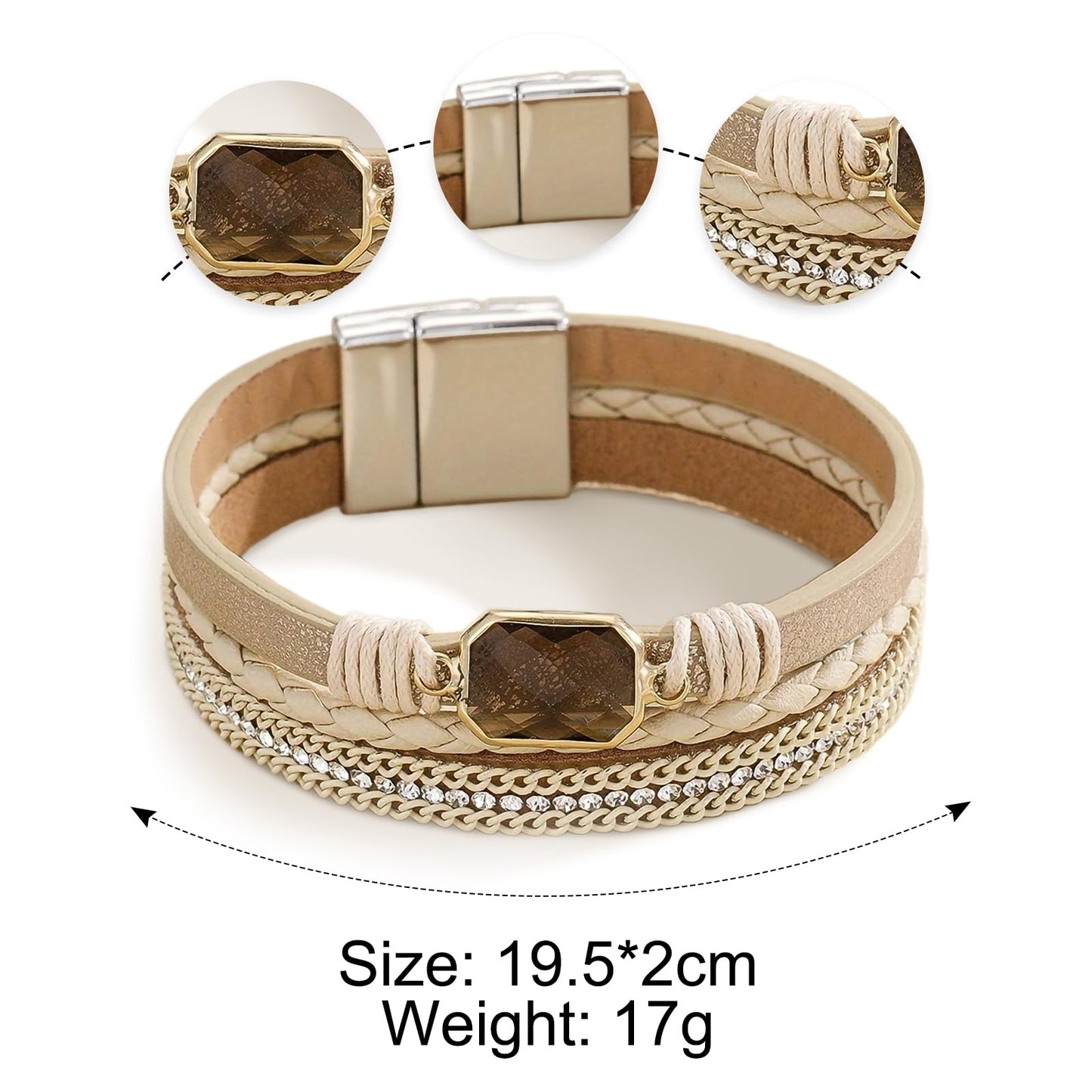 Leopard Bracelet for Women, Boho Leather Wrap Multi-Layer Pearl Crystal Bracelet Bangle Jewelry(Square Crystal(Beige))