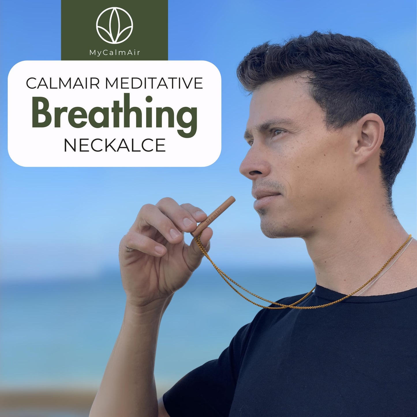 MyCalmAir Bamboo Breathing Necklace for Meditation, Mindfulness Tool, Stress Reducer, Eco-Friendly Breathe Pendant, Portable Relaxation Gift for Men & Women (Black)