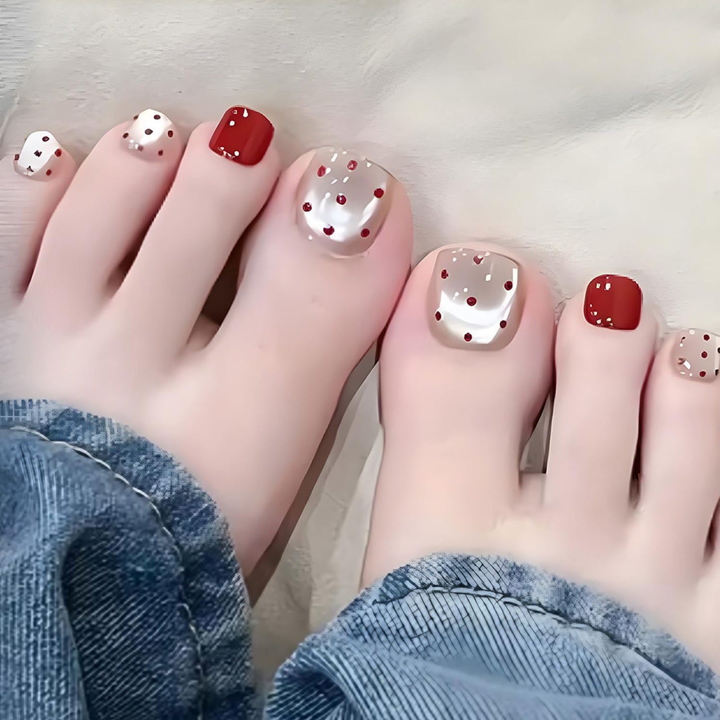 FIEONCIY 24pcs Press-on Square Acrylic False Nails Set with Glue, Red Spot Pattern, French Style, Spring & Summer Theme, Full Cover Nails, Multicolor, Women's Manicure Decorations