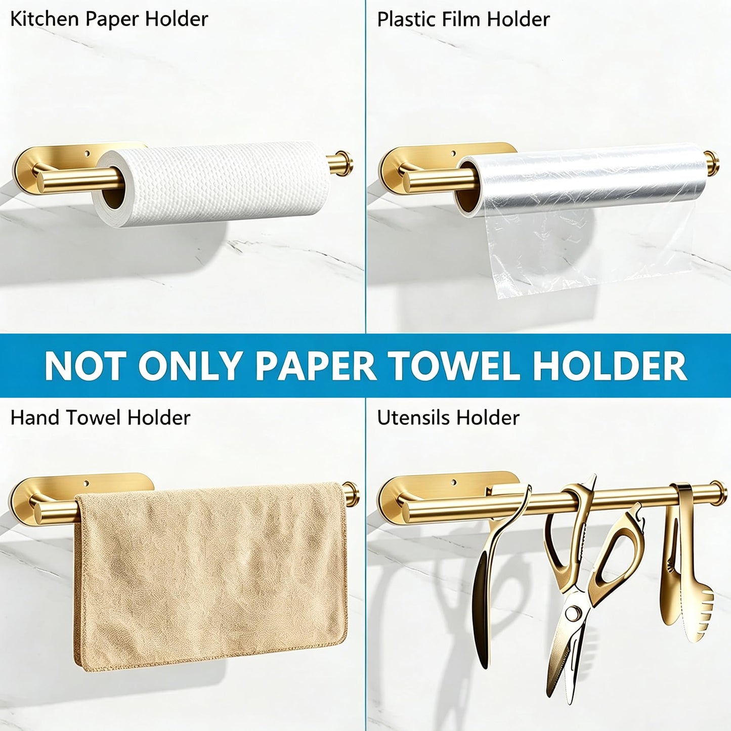 Gewtur Gold Paper Towel Holder Under Cabinet, Adhesive Paper Towel Roll Holder Stick on Wall, Stainless Steel Towel Paper Holder for Bathroom Kitchen