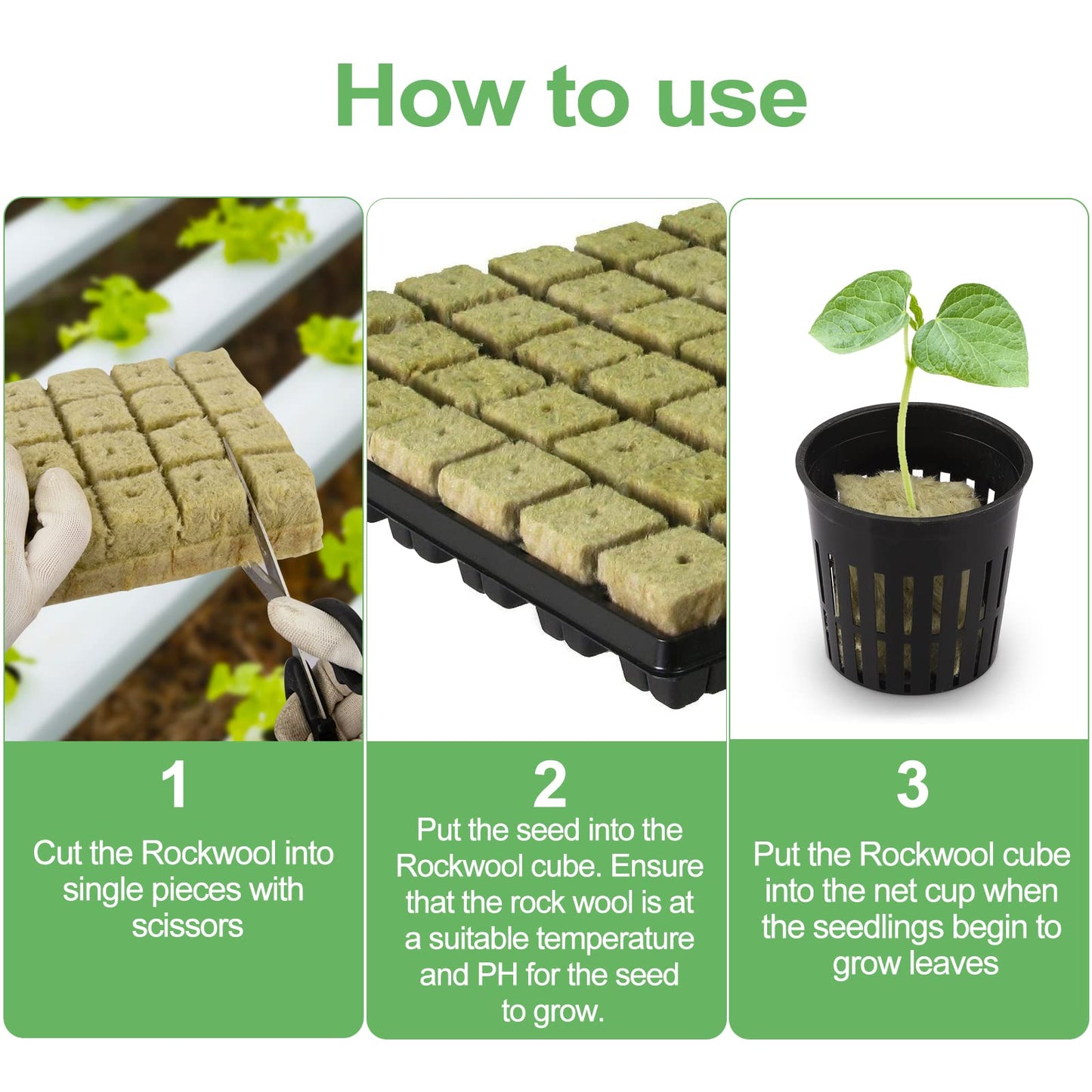 Reeooue 72 Sets Rockwool Cubes and Net Pots, 1.2 * 1.2 * 1.5 inch Rock Wool 72 Plugs & 72-Pack 2inch Net Cups for Hydroponics Growing Systemm, Garden Tower Supplies