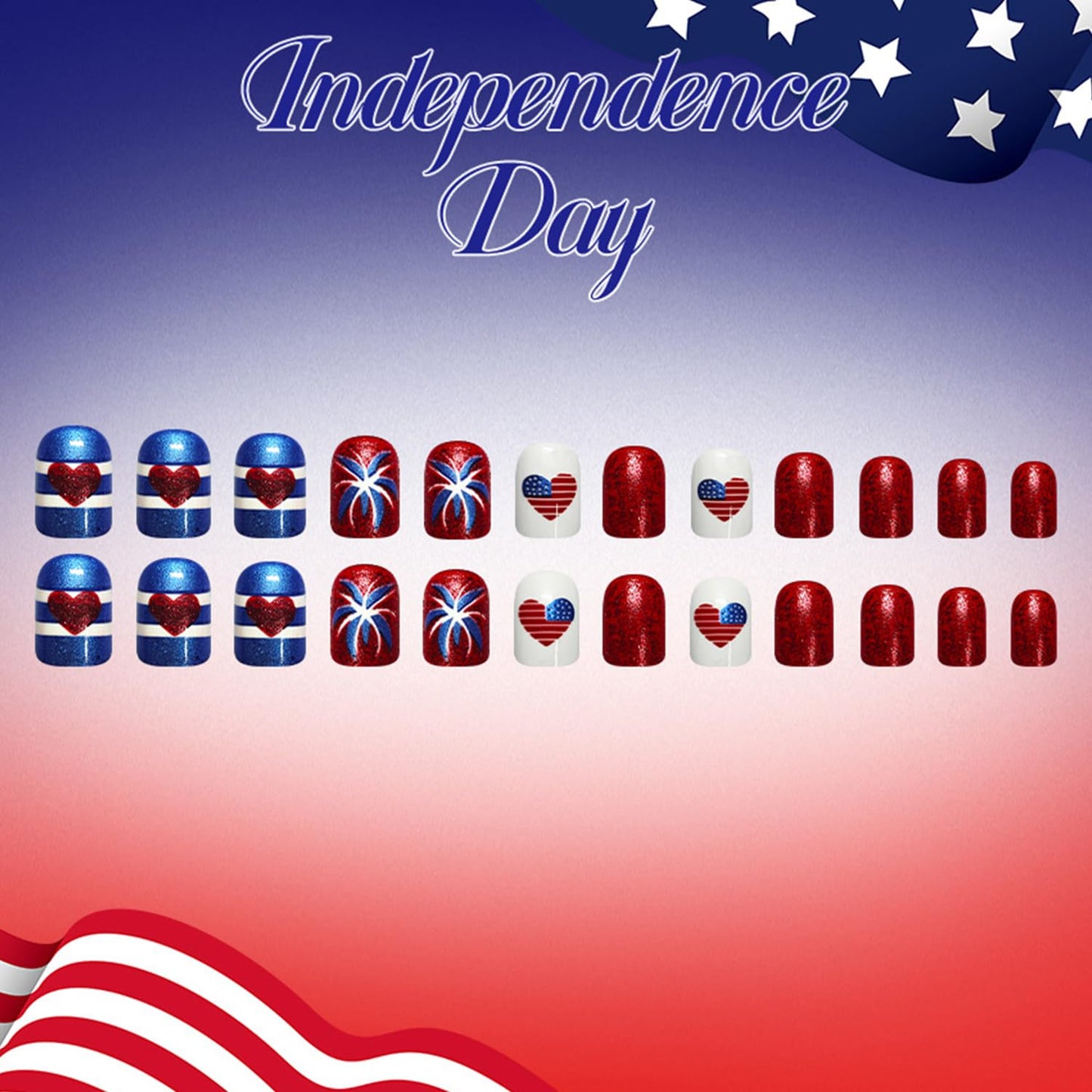 4th of July Press on Nails Square Shaped Artificial Acrylic Love Heart US Flag White Lines with Fireworks Glitter Short Independence Day Press Ons Artificial Fingernails for Women Holiday Manicure