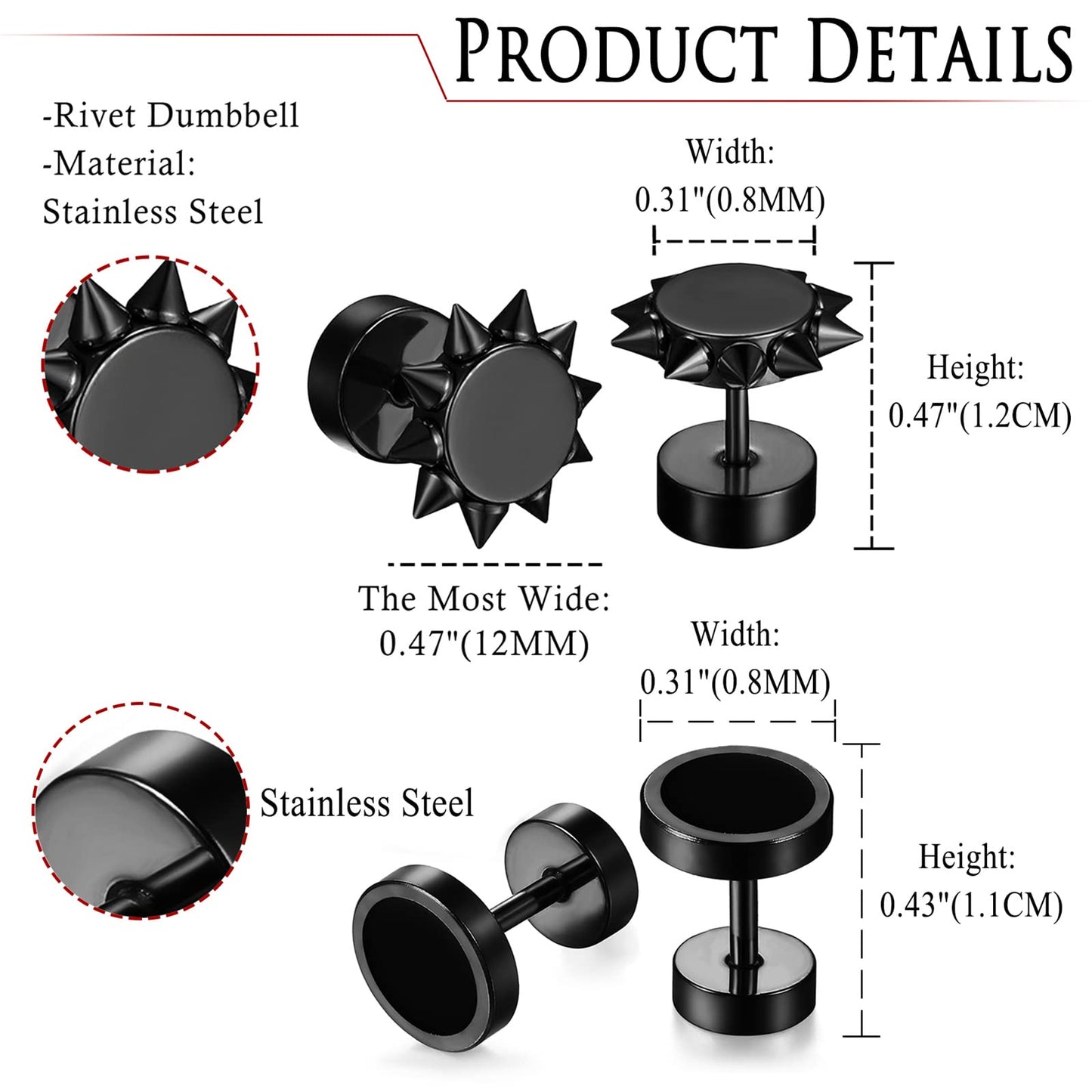 Aroncent 6 Pairs Stud Earrings for Men Fake Gauges Fake Earrings Stainless Steel Spike Stud Earrings Set Black Gold